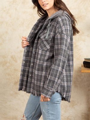 Women's Multicolored Plaid Hooded Coat with Pockets