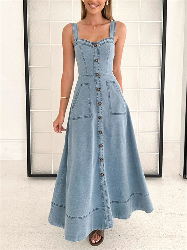 Women's Solid Color Denim Strap Maxi Dress with Pockets