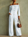 Women Off Shoulder Button Up Wide Leg 3/4 Sleeve Jumpsuit