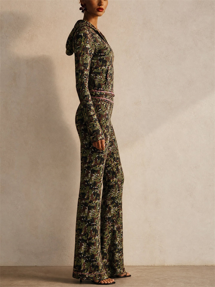 Women Camo 2 Piece Set Hooded Zip Up Top and High Waist Flare Pants