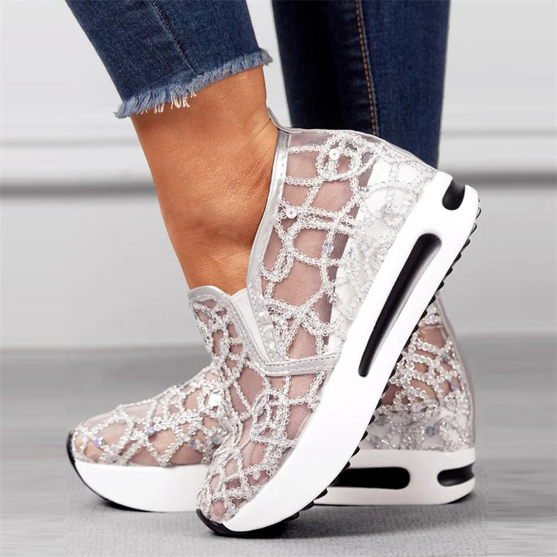 Female Korean Style Summer Breathable Sequin Lace Mesh Loafers