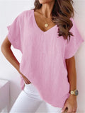 Women's V Neck Short Sleeve Cozy Cotton Linen T-shirt for Summer