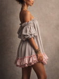 Women Off Shoulder Chiffon Puff Sleeve Ruffle Pink Hem Mini Dress