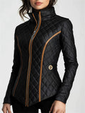 Stylish Contrast Trim Waist-cinched Diamond-quilted Padded Jackets