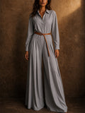 Women Collared Long Sleeve Wide Leg Belted Palazzo Jumpsuits