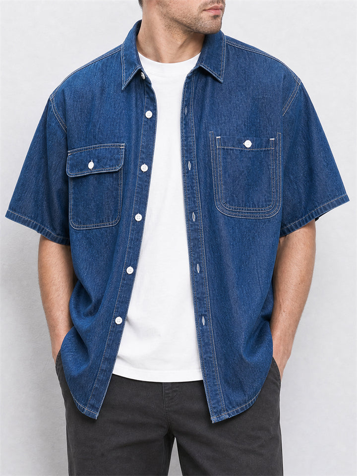 Mens Short Sleeve Denim Button Up Shirt with Multi Pocket