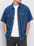Mens Short Sleeve Denim Button Up Shirt with Multi Pocket