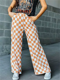 Women's Casual Checkerboard Plaid High Rise Wide Leg Pants