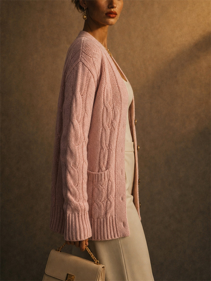 Women Long Cable Knit Button Down Cardigan Sweater with Pockets