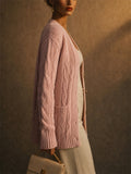 Women Long Cable Knit Button Down Cardigan Sweater with Pockets