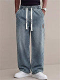 Men's High Street Stylish Washed Straight-Leg Loose Fit Drawstring Denim Pants