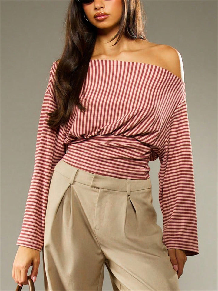 Ladies' Autumn Elegant Striped Sabrina Neck Long Sleeve Blouses