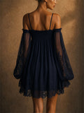 Women Sexy Lace Off Shoulder Puff Sleeve Mini Dress