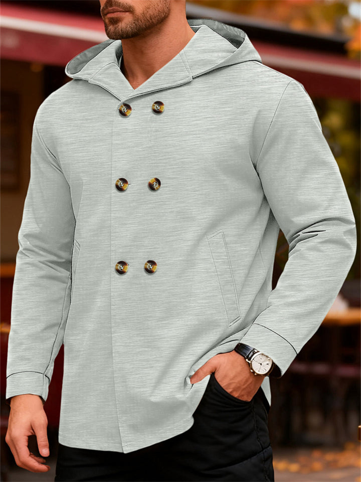 Men's Autumn Casual Solid Color Double Breasted Hooded Coats