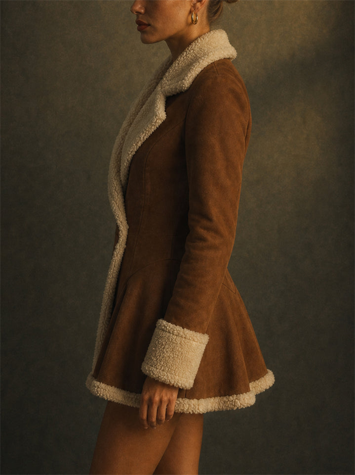 Womens Slim Fit Brown Suede Faux Shearling Peplum Mini Coats