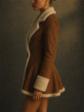 Womens Slim Fit Brown Suede Faux Shearling Peplum Mini Coats