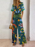 Women's Cozy Linen Print Lapel Half Sleeve Drawstring Jumpsuit