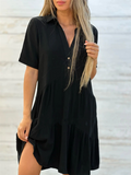 Women Casual Loose V Neck Short Sleeve Tiered Shirt Dress
