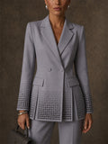 Women Rhinestone Double Breasted Slit Hem Blazer Jacket