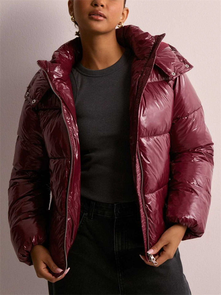 ‌Women's Shiny Short Puffer Jacket with Hood Warm Winter Coat‌s