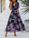 V-Neck Floral Print Holiday Maxi Dresses for Ladies