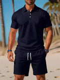 Men's 2Pcs Summer Solid Color Short Sleeve Polo Shirt & Shorts Set