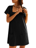 Women's Solid Color Square Neck Pockets Mini Dress