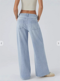 Women's Distressed Whisker Mid-Waist Wide Leg Denim Pants
