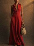 Womens Red Linen Blend Collared Sleeveless Maxi Shirt Dress