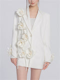 Ladies Elegant White Trendy 3D Flower Long Sleeve Suit Coat