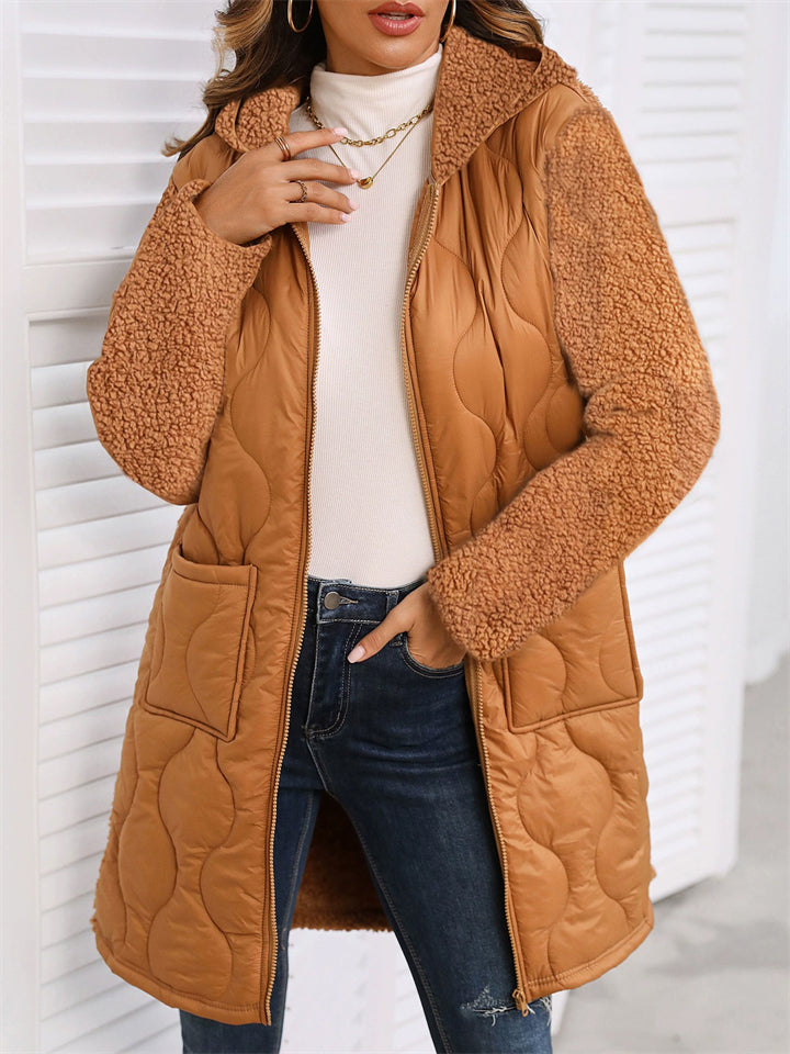 Women's Autumn Patchwork Pockets Hooded Quilted Coats
