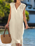 Women's V Neck Sleeveless Breathable Cotton Linen Beach Dress