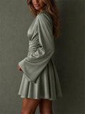 Women Sexy French Style Sage Green V Flare Sleeve Backless Mini Dress