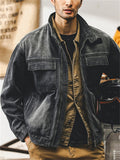 Retro Black Long Sleeve Lapel Cargo Denim Coat for Men