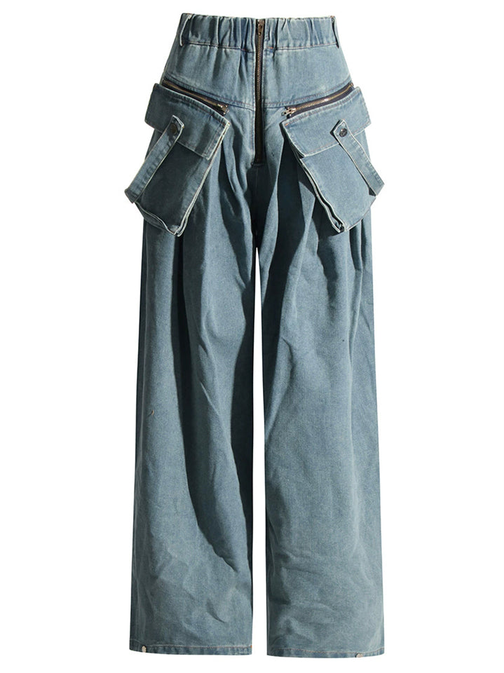 Fashion Pockets Wide Leg Distressed Denim Pants for Women