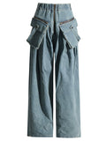 Fashion Pockets Wide Leg Distressed Denim Pants for Women
