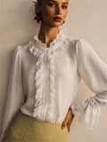Women Victorian White Lace Ruffle High Neck Bell Sleeve Top