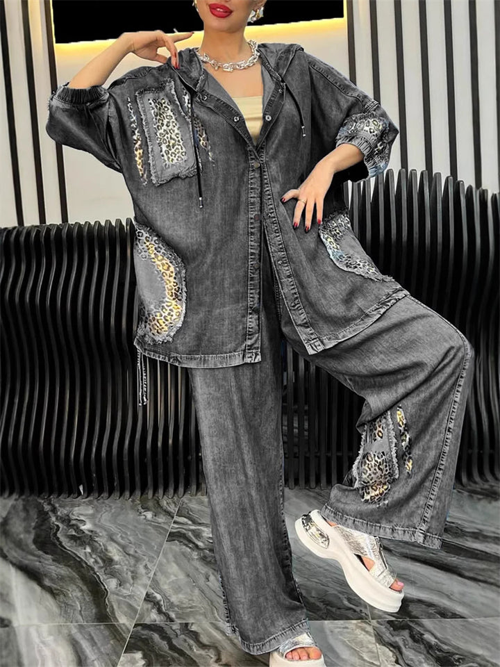 Women's 2Pcs Leopard Print Patchwork Denim Hoodie Top & Pants Set