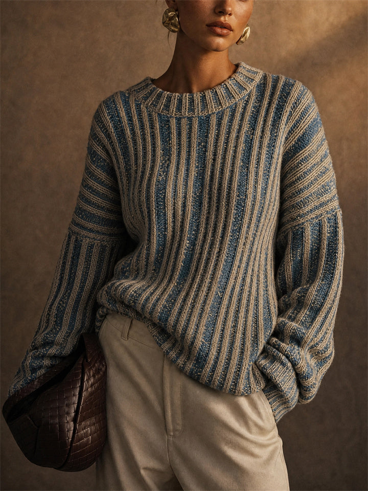 Womens Color Block Striped Ribbed Knit Oversized Pullover Sweater
