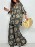 Women's Gold Floral Print Button Up Loose Fit Top and Wide Leg Pants Set‌