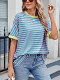 Women's Casual Contrast Color Striped Round Neck Short Sleeve T-Shirts