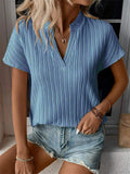 Simple Vertical Stripe V Neck Short Sleeve Shirt for Women