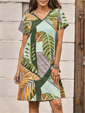 Women's Summer Banana Leaf Print V Neck Short Sleeve Dress