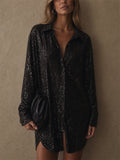 Women Lapel Sequin Long Sleeve Sparkly Blouses
