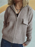 Women's Solid Color Zip Up High Neck Faux Pockets Cardigan Sweater