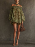 Women's Lantern Sleeve Polka Dot Off Shoulder Lace Trim Mini Dress