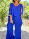 Women's 2Pcs Solid Color Shoulder Cut Lace Up Sleeve Shirt &Pants Set