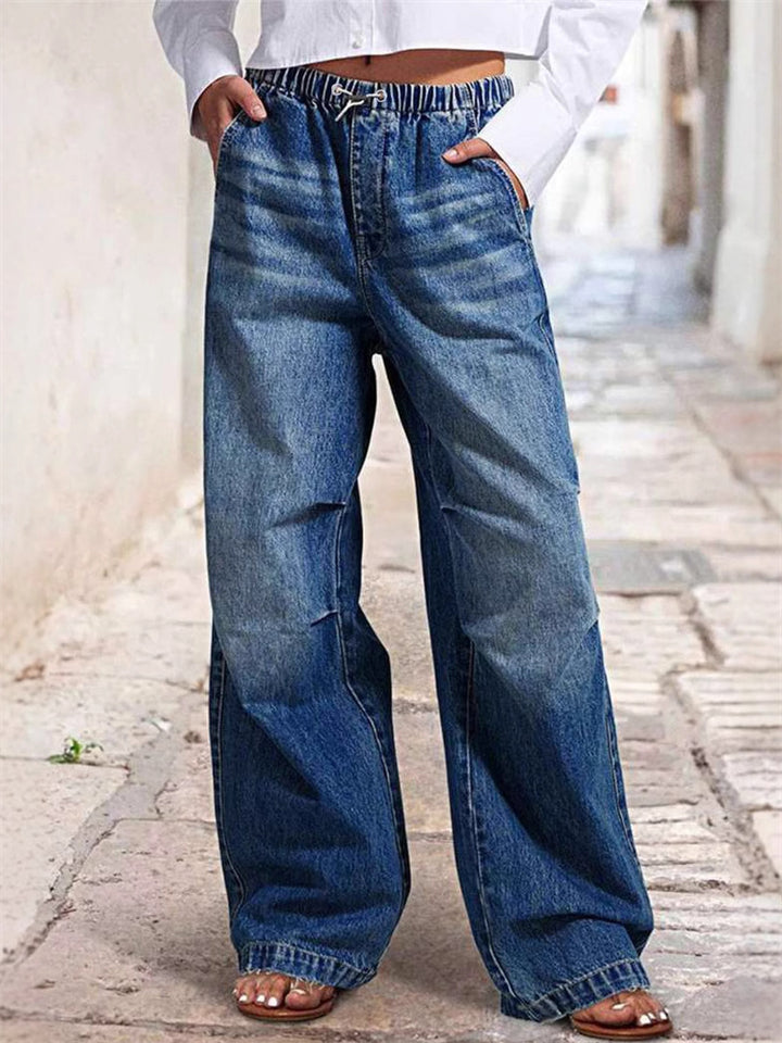 Women's Retrp Elastic Mid Waist Wide Leg Denim Pants