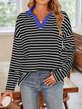 Women's Stripe Contrast Color V Neck Long Sleeve Shirts