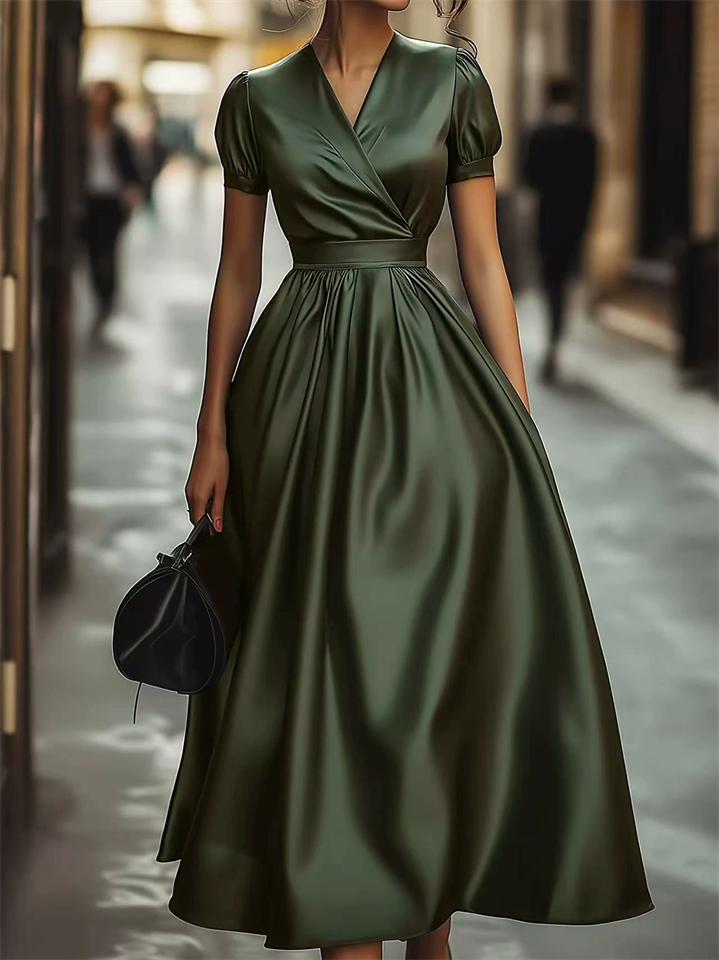 Women's Green Solid Color Elegant French Style V Neck Big Hem Dress